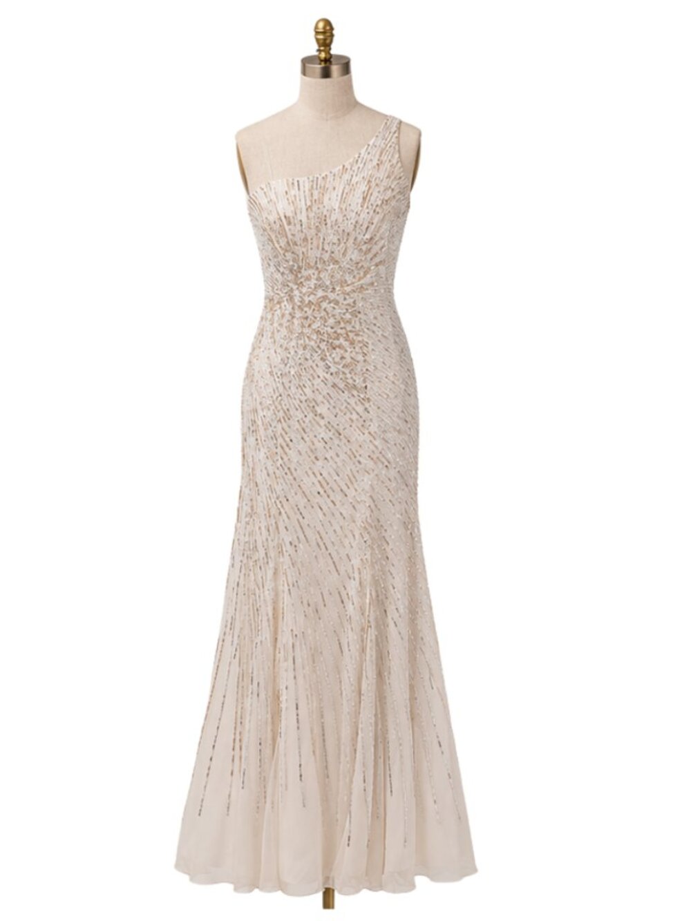La Femme Silk Beaded One Shoulder Gown Size 0 White Gold Sequin Formal Dress